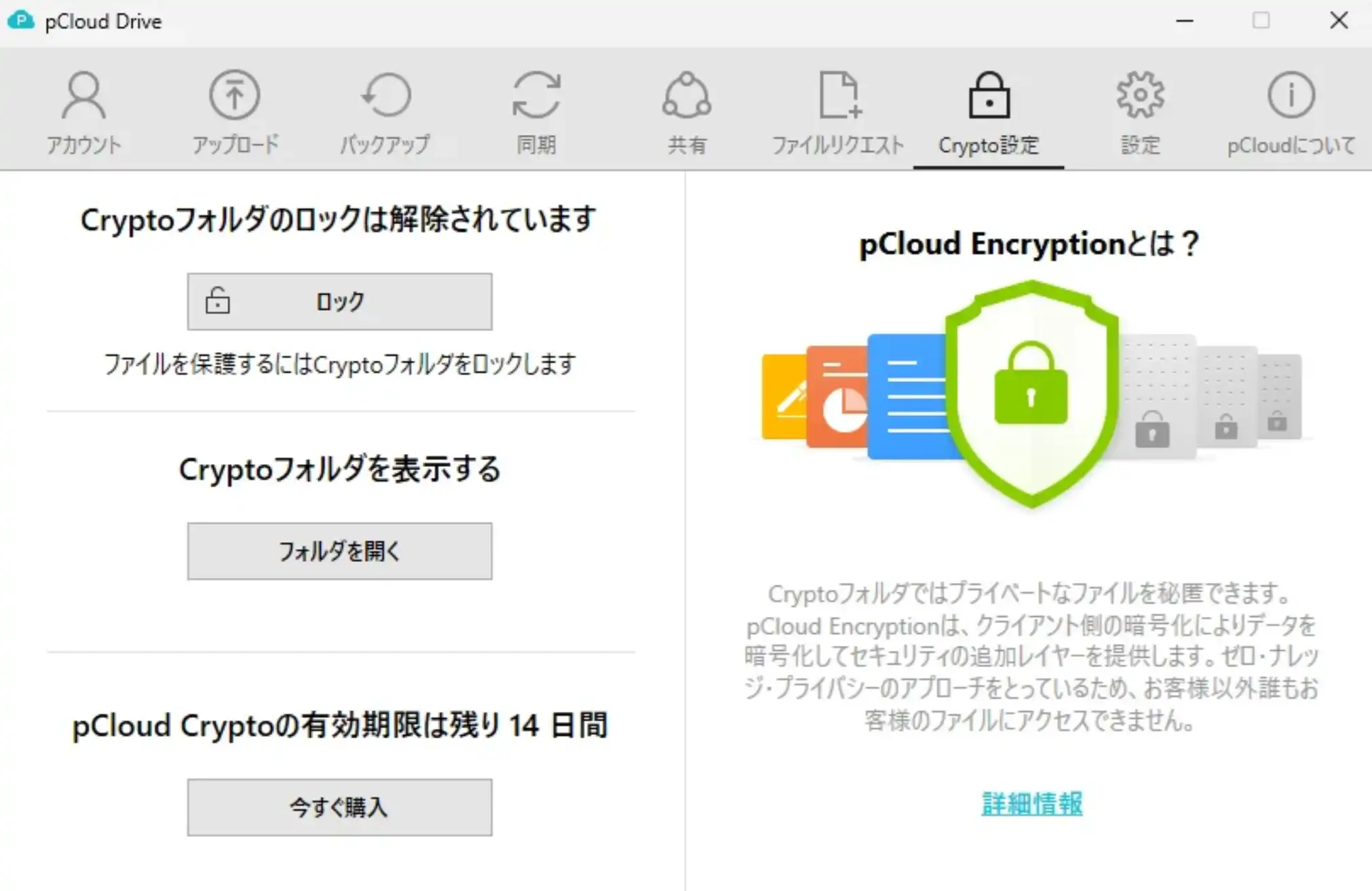 pCloudの有料オプションである暗号化セキュリティ機能の設定管理画面
